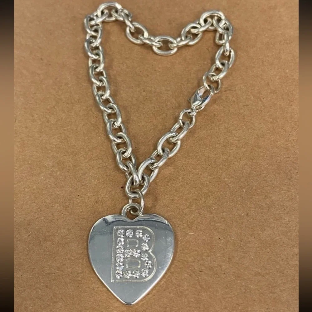 The Letter “B” Heart Charm Bracelet Rhinestones & Silver Plated